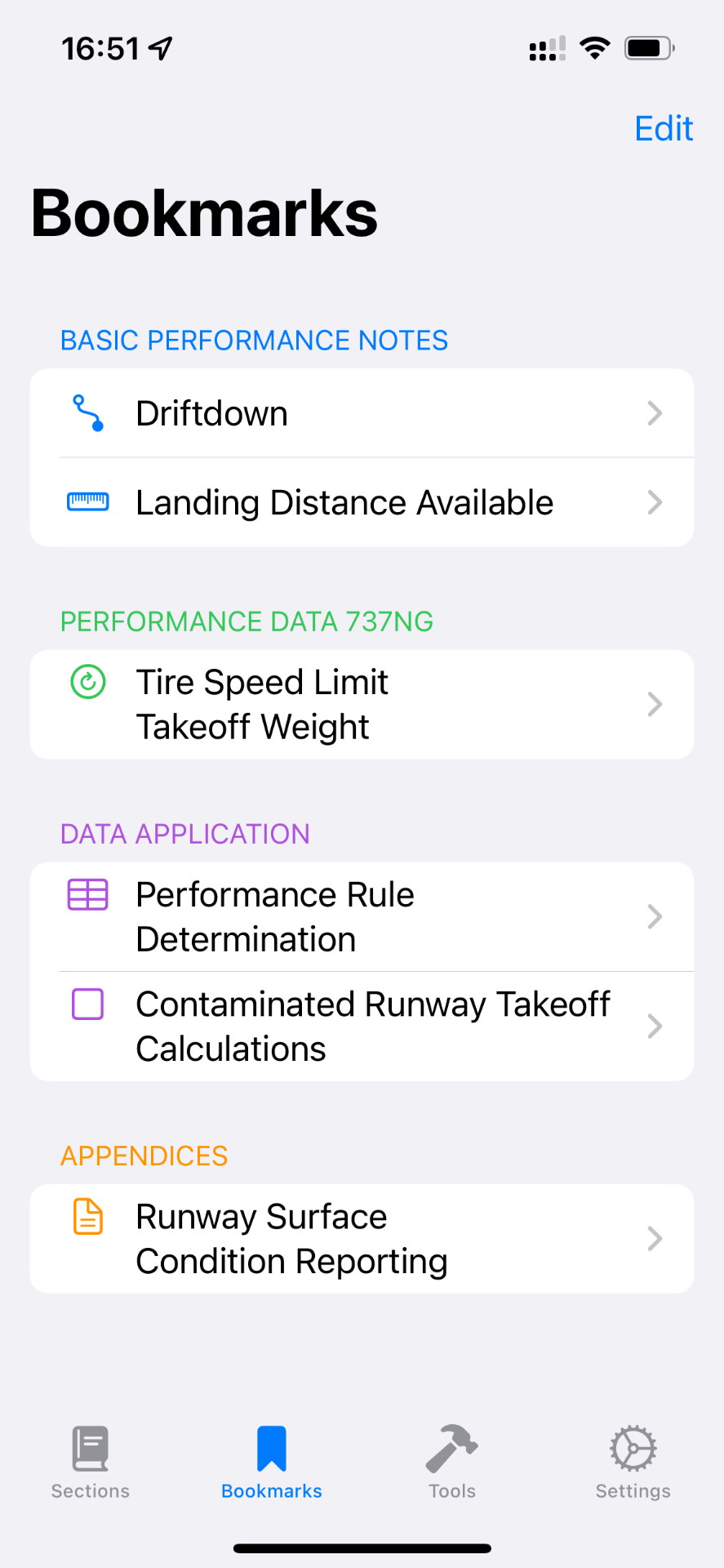 Bookmarks screen in the B737 PRH app