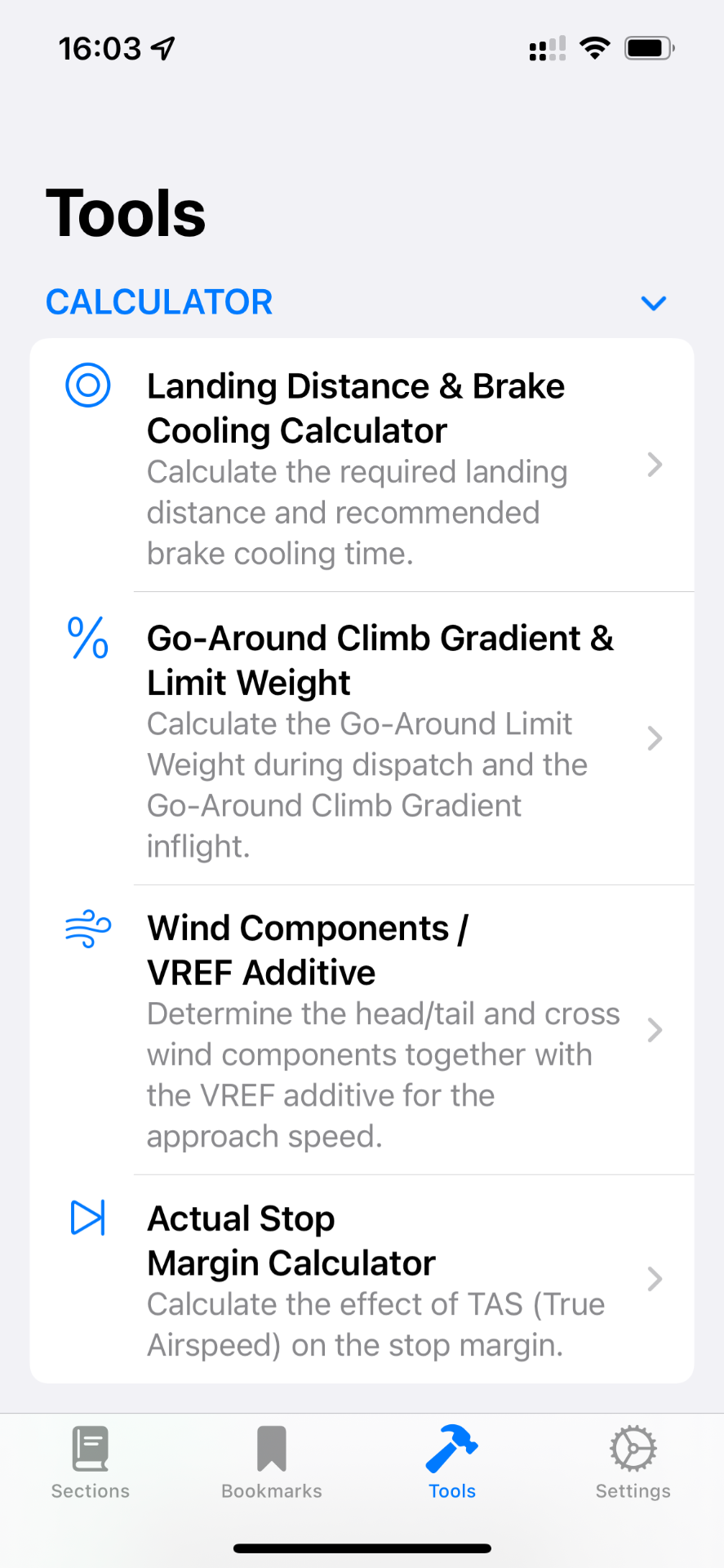 Tools overview menu in the B737 PRH app